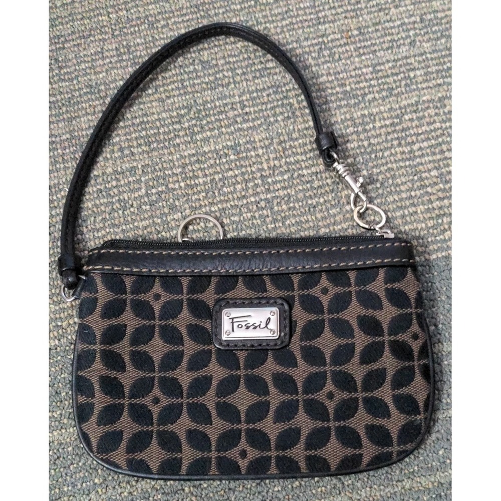 Fossil Black Brown Canvas Leather Wristlet Wallet KeyPer Zip Trim Classic‎